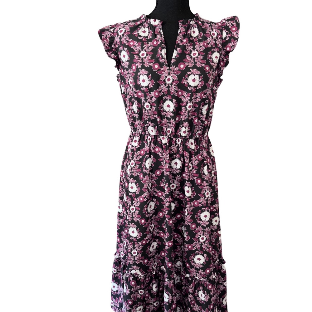 LOFT Women Small Black Purple Floral Ruffle Midi Dress Boho Romantic